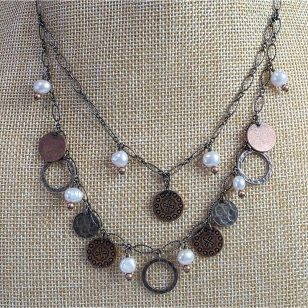 Silpada Mixed Metal Pearl Double Strand Necklace Sterling Silver Copper Brass